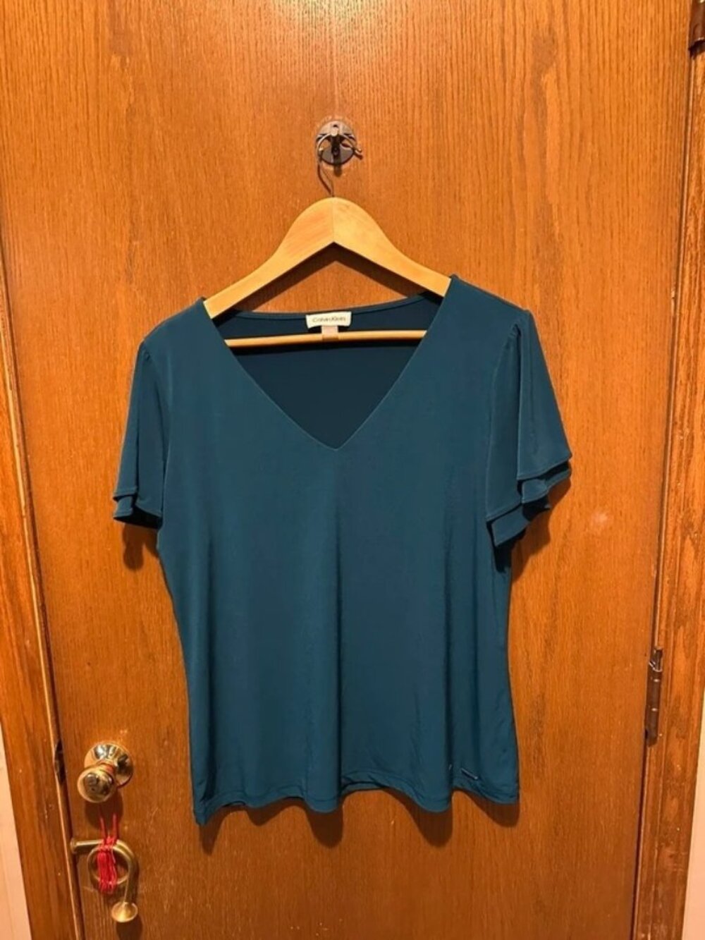 Calvin Klein XL Teal V-Neck Flutter Sleeve Blouse Top Womens